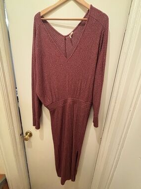 Anthropologie Ribbed V-Neck Long Sleeve Dress in Mauve
